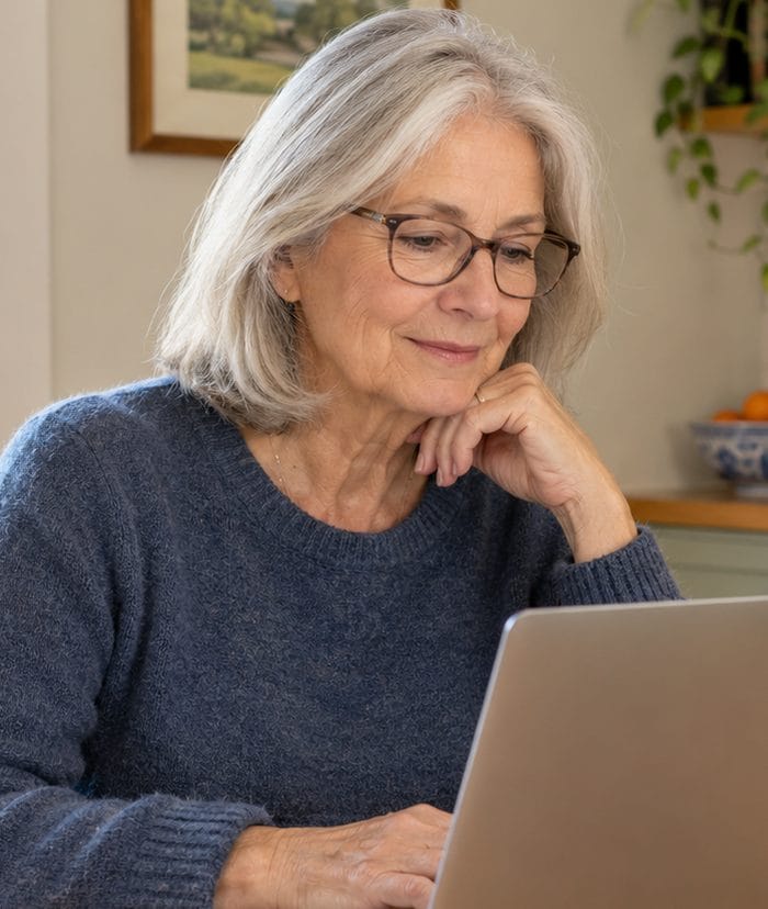 A woman in her late sixties sitting at a kitchen table, looking at a laptop.